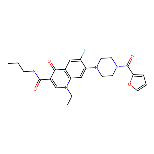 1-ethyl-6-fluoro-7-(4-(furan-2-carbonyl)piperazin-1-yl)-4-oxo-N-propyl-1,4-dihydroquinoline-3-carboxamide structure