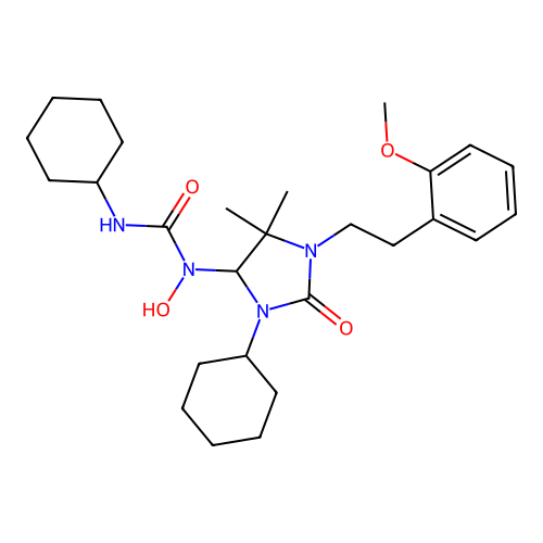 3-cyclohexyl-1-(3-cyclohexyl-1-(2-methoxyphenethyl)-5,5-dimethyl-2-oxoimidazolidin-4-yl)-1-hydroxyurea structure