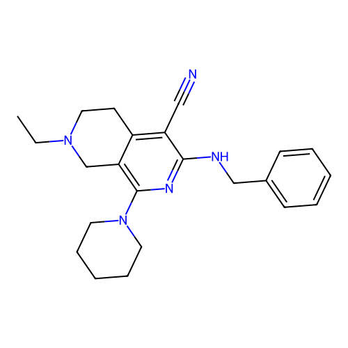 3-(benzylamino)-7-ethyl-1-(piperidin-1-yl)-5,6,7,8-tetrahydro-2,7-naphthyridine-4-carbonitrile structure