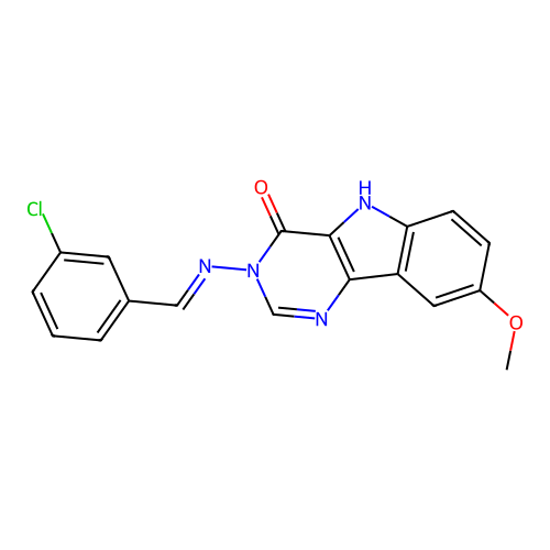 (E)-3-((3-chlorobenzylidene)amino)-8-methoxy-3H-pyrimido[5,4-b]indol-4(5H)-one structure
