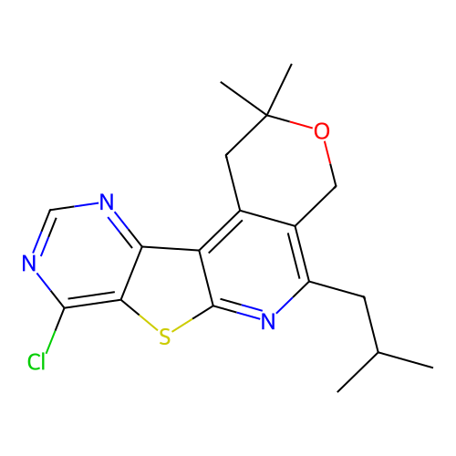 8-chloro-2,2-dimethyl-5-(2-methylpropyl)-1,4-dihydro-2H-pyrano[4'',3'':4',5']pyrido[3',2':4,5]thieno[3,2-d]pyrimidine structure