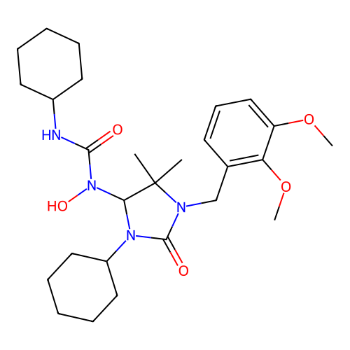 3-cyclohexyl-1-(3-cyclohexyl-1-(2,3-dimethoxybenzyl)-5,5-dimethyl-2-oxoimidazolidin-4-yl)-1-hydroxyurea structure