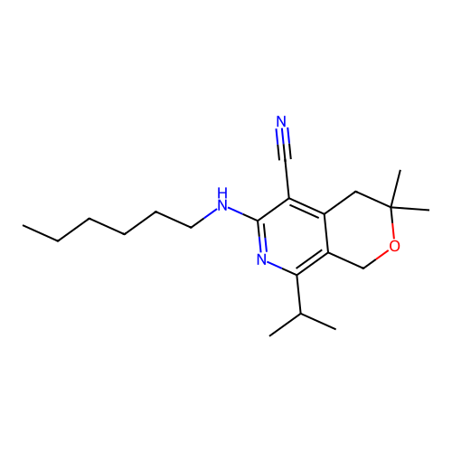 6-(hexylamino)-3,3-dimethyl-8-propan-2-yl-1,4-dihydropyrano[3,4-c]pyridine-5-carbonitrile structure