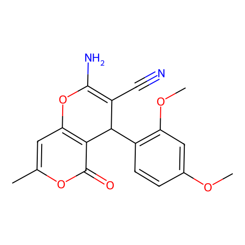 2-amino-4-(2,4-dimethoxyphenyl)-7-methyl-5-oxo-4H,5H-pyrano[4,3-b]pyran-3-carbonitrile structure