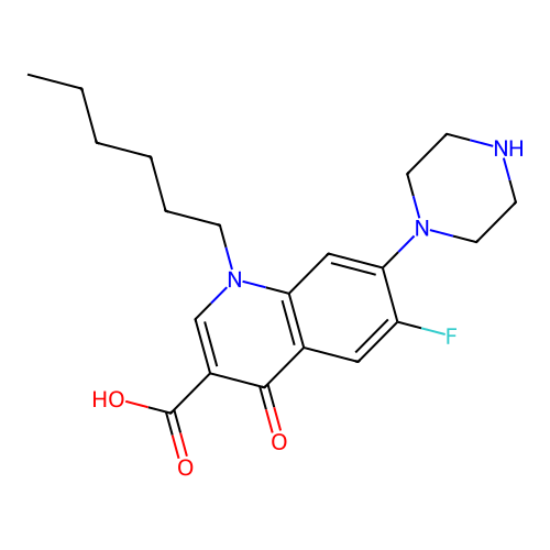 6-Fluoro-1-hexyl-4-oxo-7-piperazin-1-ylquinoline-3-carboxylic acid structure