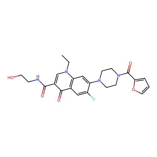 1-ethyl-6-fluoro-7-(4-(furan-2-carbonyl)piperazin-1-yl)-N-(2-hydroxyethyl)-4-oxo-1,4-dihydroquinoline-3-carboxamide structure