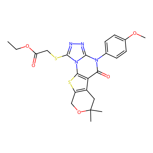 ethyl {[4-(4-methoxyphenyl)-7,7-dimethyl-5-oxo-4,5,6,9-tetrahydro-7H-pyrano[4',3':4,5]thieno[3,2-e][1,2,4]triazolo[4,3-a]pyrimidin-1-yl]sulfanyl}acetate structure