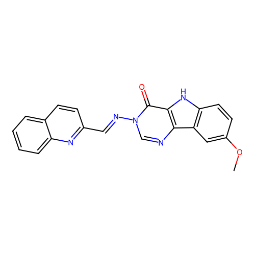 (E)-8-methoxy-3-((quinolin-2-ylmethylene)amino)-3H-pyrimido[5,4-b]indol-4(5H)-one structure