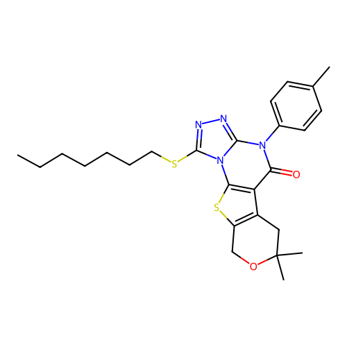 1-(heptylsulfanyl)-7,7-dimethyl-4-(4-methylphenyl)-6,9-dihydro-7H-pyrano[4',3':4,5]thieno[3,2-e][1,2,4]triazolo[4,3-a]pyrimidin-5(4H)-one structure