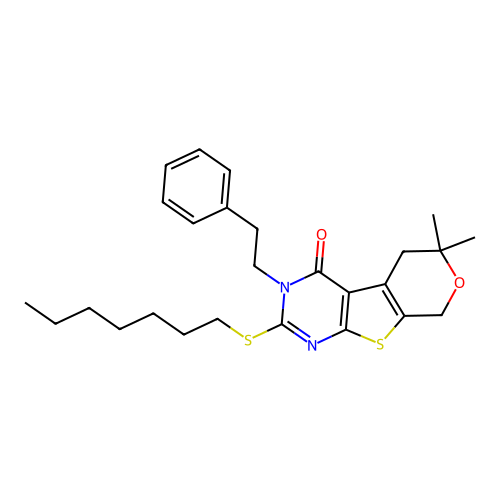 2-(heptylsulfanyl)-6,6-dimethyl-3-(2-phenylethyl)-3,5,6,8-tetrahydro-4H-pyrano[4',3':4,5]thieno[2,3-d]pyrimidin-4-one structure