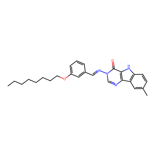 (E)-8-methyl-3-((3-(octyloxy)benzylidene)amino)-3H-pyrimido[5,4-b]indol-4(5H)-one structure