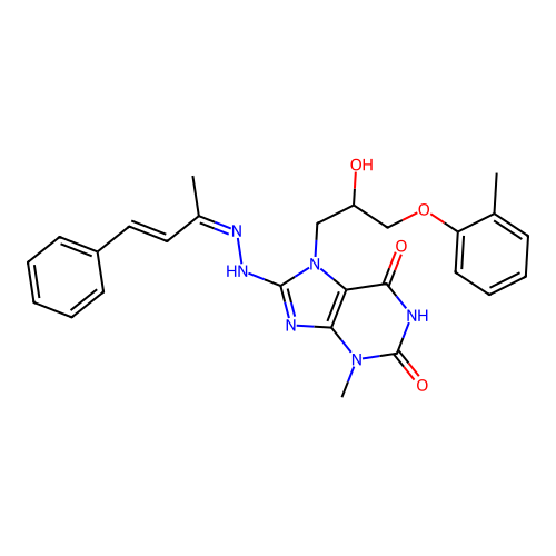 7-(2-hydroxy-3-(o-tolyloxy)propyl)-3-methyl-8-((Z)-2-((E)-4-phenylbut-3-en-2-ylidene)hydrazinyl)-1H-purine-2,6(3H,7H)-dione structure