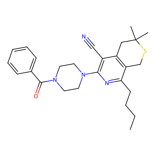 6-(4-benzoylpiperazin-1-yl)-8-butyl-3,3-dimethyl-1,4-dihydrothiopyrano[3,4-c]pyridine-5-carbonitrile structure