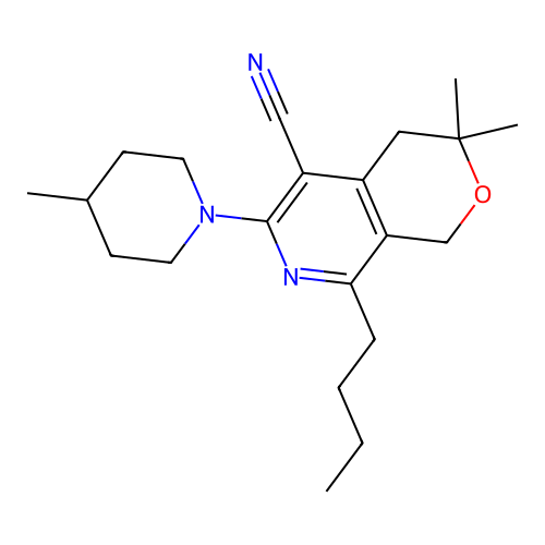 8-butyl-3,3-dimethyl-6-(4-methylpiperidin-1-yl)-3,4-dihydro-1H-pyrano[3,4-c]pyridine-5-carbonitrile structure