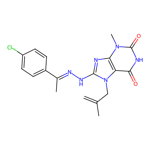 8-[(2E)-2-[1-(4-chlorophenyl)ethylidene]hydrazin-1-yl]-3-methyl-7-(2-methylprop-2-en-1-yl)-2,3,6,7-tetrahydro-1H-purine-2,6-dione structure