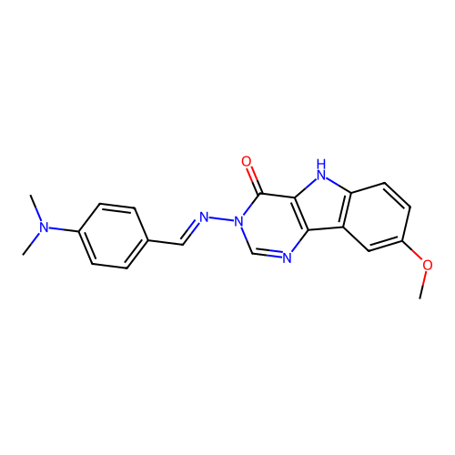 (E)-3-((4-(dimethylamino)benzylidene)amino)-8-methoxy-3H-pyrimido[5,4-b]indol-4(5H)-one structure