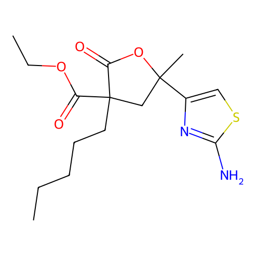 Ethyl 5-(2-amino-1,3-thiazol-4-yl)-5-methyl-2-oxo-3-pentyloxolane-3-carboxylate structure