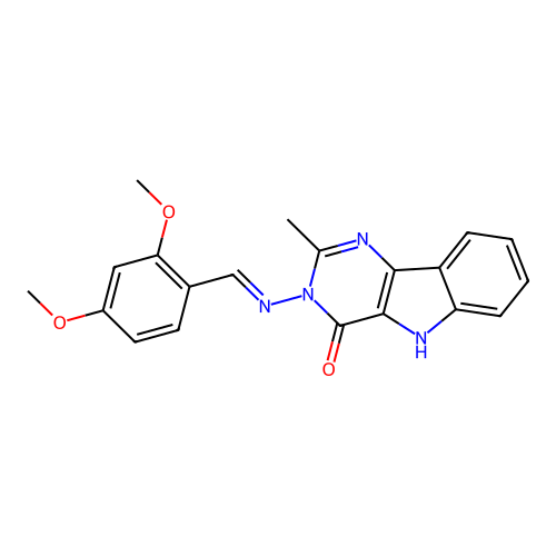 (E)-3-((2,4-dimethoxybenzylidene)amino)-2-methyl-3H-pyrimido[5,4-b]indol-4(5H)-one structure