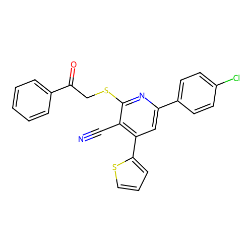 6-(4-chlorophenyl)-2-((2-oxo-2-phenylethyl)thio)-4-(thiophen-2-yl)nicotinonitrile structure