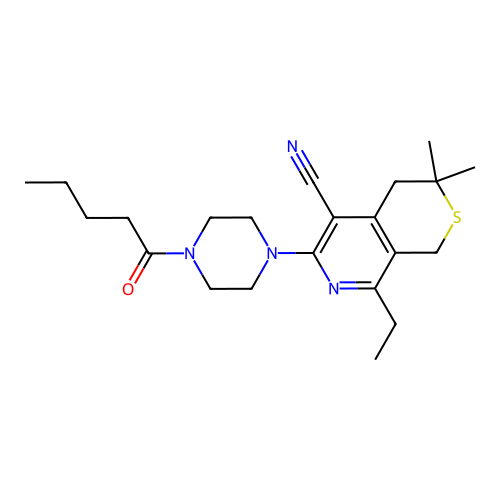 8-ethyl-3,3-dimethyl-6-(4-pentanoylpiperazin-1-yl)-3,4-dihydro-1H-thiopyrano[3,4-c]pyridine-5-carbonitrile structure