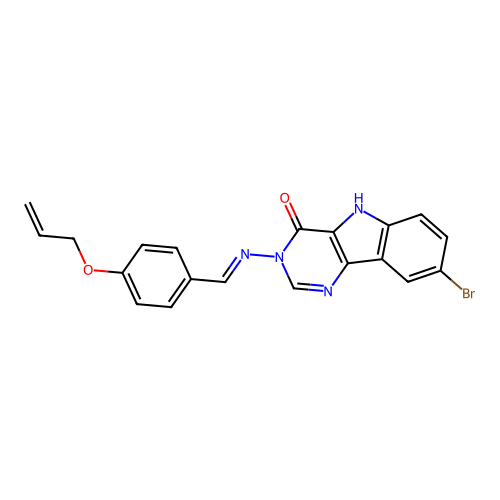 (E)-3-((4-(allyloxy)benzylidene)amino)-8-bromo-3H-pyrimido[5,4-b]indol-4(5H)-one structure