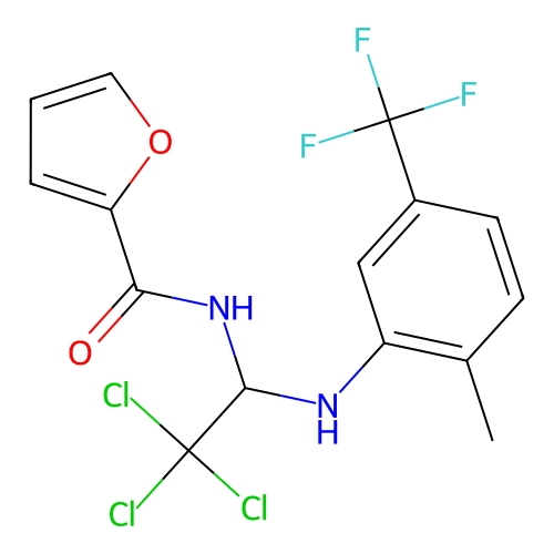 N-(2,2,2-trichloro-1-((2-methyl-5-(trifluoromethyl)phenyl)amino)ethyl)furan-2-carboxamide structure