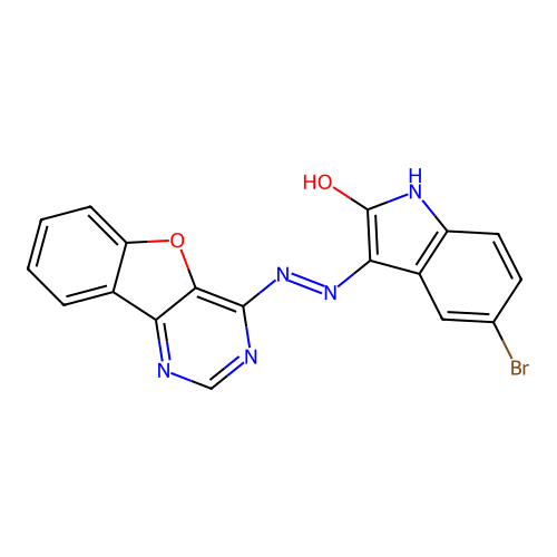 (E)-3-(2-(benzofuro[3,2-d]pyrimidin-4-yl)hydrazono)-5-bromoindolin-2-one structure