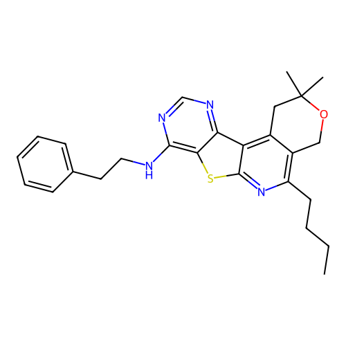 5-butyl-2,2-dimethyl-N-(2-phenylethyl)-1,4-dihydro-2H-pyrano[4'',3'':4',5']pyrido[3',2':4,5]thieno[3,2-d]pyrimidin-8-amine structure