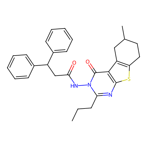 N-(6-methyl-4-oxo-2-propyl-5,6,7,8-tetrahydro-[1]benzothiolo[2,3-d]pyrimidin-3-yl)-3,3-diphenylpropanamide structure