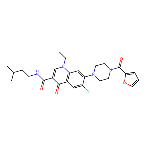1-ethyl-6-fluoro-7-(4-(furan-2-carbonyl)piperazin-1-yl)-N-isopentyl-4-oxo-1,4-dihydroquinoline-3-carboxamide structure