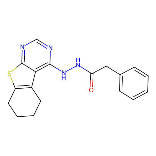 2-phenyl-N'-(5,6,7,8-tetrahydro-[1]benzothiolo[2,3-d]pyrimidin-4-yl)acetohydrazide structure