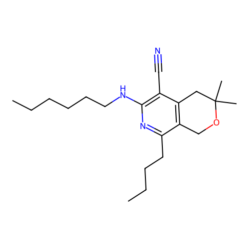 8-butyl-6-(hexylamino)-3,3-dimethyl-3,4-dihydro-1H-pyrano[3,4-c]pyridine-5-carbonitrile structure