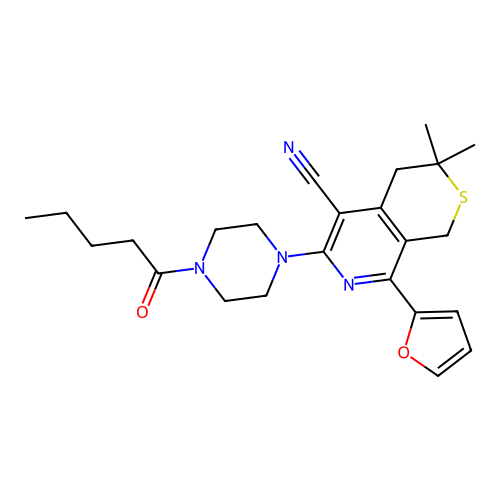 8-(furan-2-yl)-3,3-dimethyl-6-(4-pentanoylpiperazin-1-yl)-3,4-dihydro-1H-thiopyrano[3,4-c]pyridine-5-carbonitrile structure