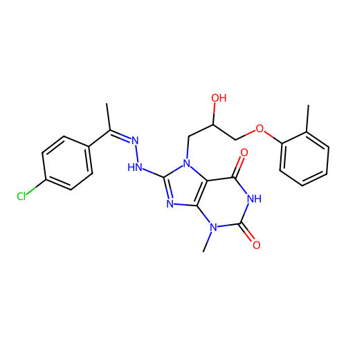 (Z)-8-(2-(1-(4-chlorophenyl)ethylidene)hydrazinyl)-7-(2-hydroxy-3-(o-tolyloxy)propyl)-3-methyl-1H-purine-2,6(3H,7H)-dione structure