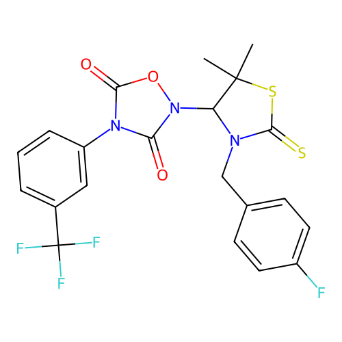 2-(3-(4-fluorobenzyl)-5,5-dimethyl-2-thioxothiazolidin-4-yl)-4-(3-(trifluoromethyl)phenyl)-1,2,4-oxadiazolidine-3,5-dione structure