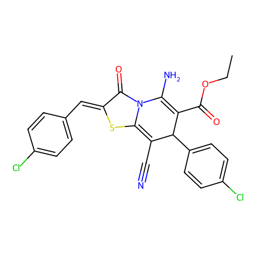 (Z)-ethyl 5-amino-2-(4-chlorobenzylidene)-7-(4-chlorophenyl)-8-cyano-3-oxo-3,7-dihydro-2H-thiazolo[3,2-a]pyridine-6-carboxylate structure