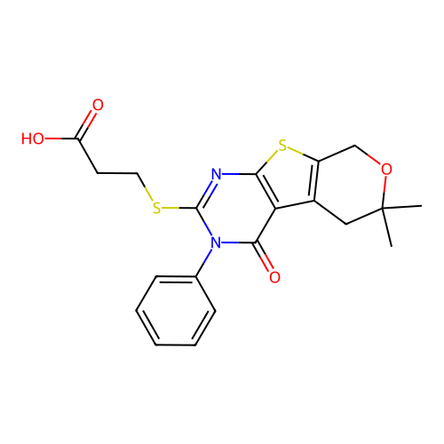 3-((6,6-dimethyl-4-oxo-3-phenyl-4,5,6,8-tetrahydro-3H-pyrano[4',3':4,5]thieno[2,3-d]pyrimidin-2-yl)thio)propanoic acid structure
