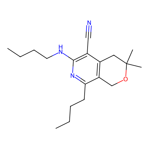 8-butyl-6-(butylamino)-3,3-dimethyl-3,4-dihydro-1H-pyrano[3,4-c]pyridine-5-carbonitrile structure