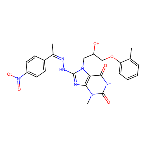 (Z)-7-(2-hydroxy-3-(o-tolyloxy)propyl)-3-methyl-8-(2-(1-(4-nitrophenyl)ethylidene)hydrazinyl)-1H-purine-2,6(3H,7H)-dione structure