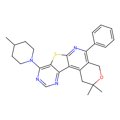 2,2-dimethyl-8-(4-methylpiperidin-1-yl)-5-phenyl-1,4-dihydro-2H-pyrano[4'',3'':4',5']pyrido[3',2':4,5]thieno[3,2-d]pyrimidine structure