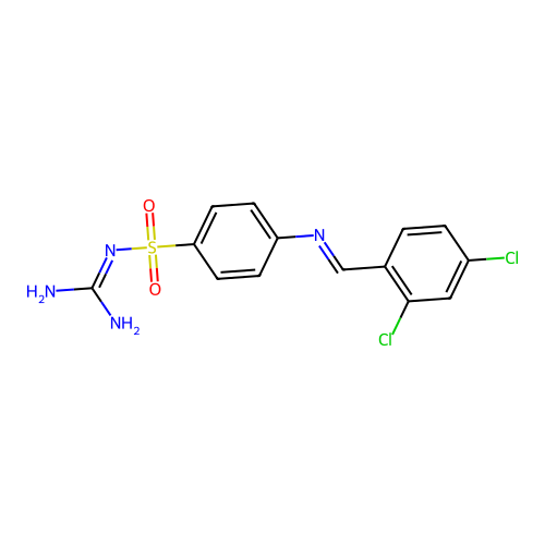 N-carbamimidoyl-4-{[(E)-(2,4-dichlorophenyl)methylidene]amino}benzenesulfonamide structure