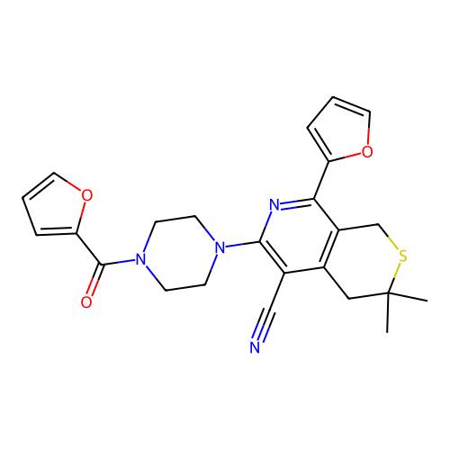 6-[4-(furan-2-carbonyl)piperazin-1-yl]-8-(furan-2-yl)-3,3-dimethyl-1,4-dihydrothiopyrano[3,4-c]pyridine-5-carbonitrile structure