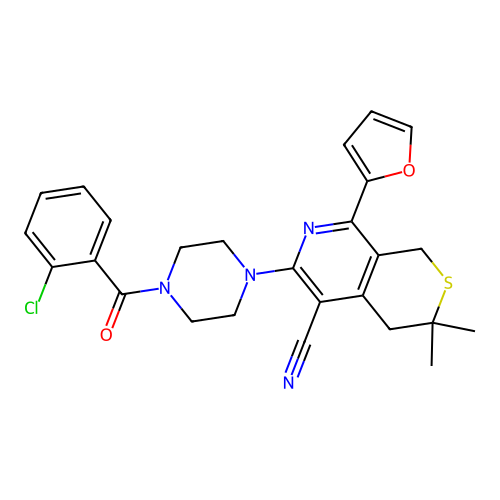 6-(4-(2-chlorobenzoyl)piperazin-1-yl)-8-(furan-2-yl)-3,3-dimethyl-3,4-dihydro-1H-thiopyrano[3,4-c]pyridine-5-carbonitrile structure