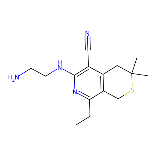6-((2-aminoethyl)amino)-8-ethyl-3,3-dimethyl-3,4-dihydro-1H-thiopyrano[3,4-c]pyridine-5-carbonitrile structure