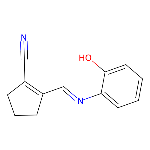 2-{(E)-[(2-hydroxyphenyl)imino]methyl}cyclopent-1-ene-1-carbonitrile structure