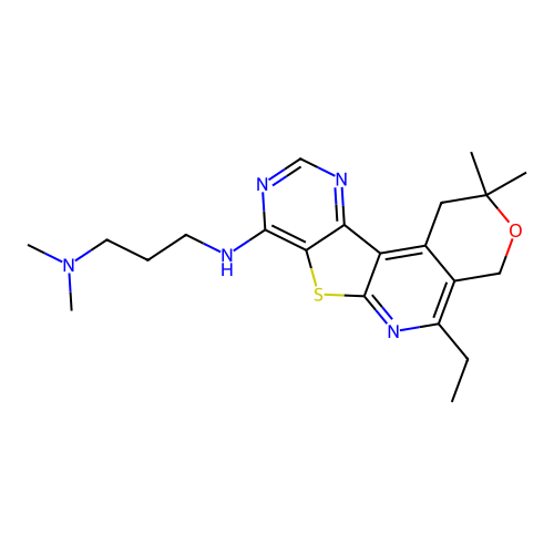 N'-(5-ethyl-2,2-dimethyl-1,4-dihydro-2H-pyrano[4'',3'':4',5']pyrido[3',2':4,5]thieno[3,2-d]pyrimidin-8-yl)-N,N-dimethylpropane-1,3-diamine structure