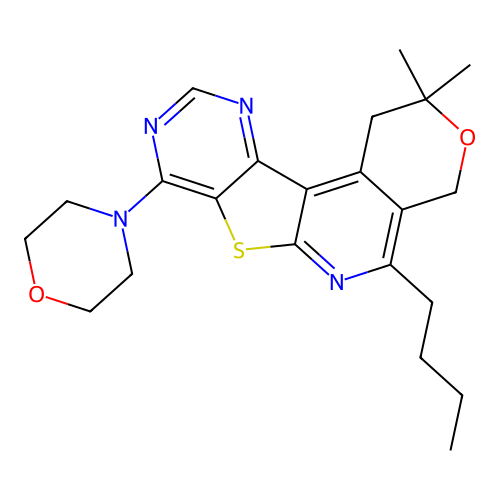 5-butyl-2,2-dimethyl-8-(morpholin-4-yl)-1,4-dihydro-2H-pyrano[4'',3'':4',5']pyrido[3',2':4,5]thieno[3,2-d]pyrimidine structure