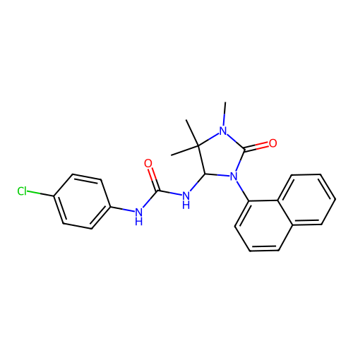 1-(4-chlorophenyl)-3-(1,5,5-trimethyl-3-(naphthalen-1-yl)-2-oxoimidazolidin-4-yl)urea structure