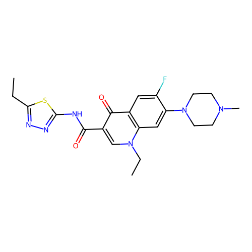 1-ethyl-N-(5-ethyl-1,3,4-thiadiazol-2-yl)-6-fluoro-7-(4-methylpiperazin-1-yl)-4-oxo-1,4-dihydroquinoline-3-carboxamide structure