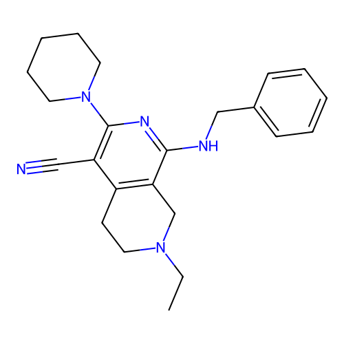 1-(benzylamino)-7-ethyl-3-piperidin-1-yl-6,8-dihydro-5H-2,7-naphthyridine-4-carbonitrile structure